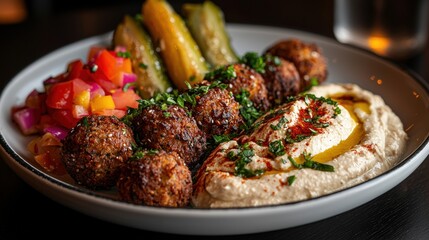 Fototapeta premium A plate of food with a variety of vegetables and meatballs