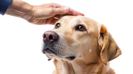 Golden retriever receiving gentle affection from a human hand in a serene indoor setting during daytime