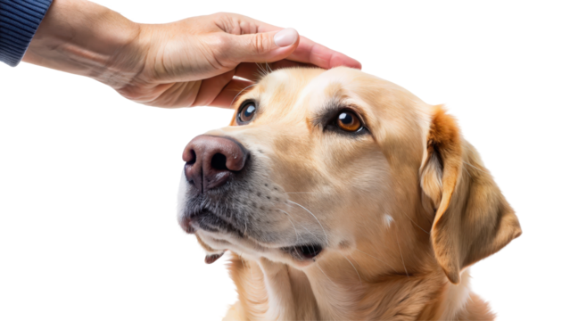 Golden retriever receiving gentle affection from a human hand in a serene indoor setting during daytime