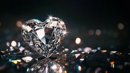 Fototapeta premium mesmerizing heart-shaped diamond on rich black background. precision cut facets catch light, creating brilliant sparkle and depth.