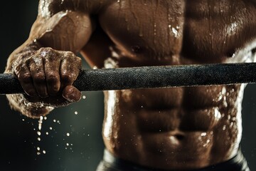 Intense athlete performing pull ups up close