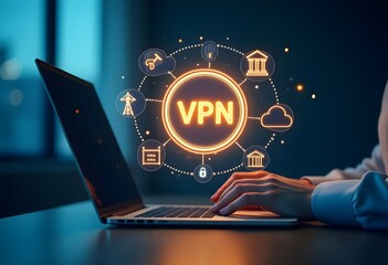 VPN (Virtual Private Network) Secure Connection. Ensuring privacy and protecting personal data through a digital connection between a computer and a remote server provided by a VPN service