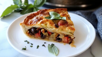 Cabbage pie slice featuring a golden crust, garnished with olives, tomatoes, and fresh basil on a simple white plate, alongside vibrant green leaves.