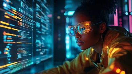 Naklejka premium Focused Woman Programmer in a Futuristic Setting