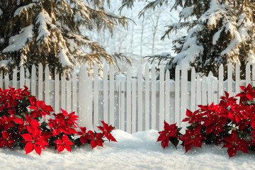Garden in winter with pines, poinsettias and snow