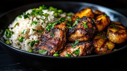 A plate of food with rice, chicken, and potatoes