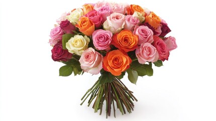 Naklejka premium A vibrant bouquet of roses featuring gentle pastel shades and bright accents, arranged in a classic romantic style with lush greenery.