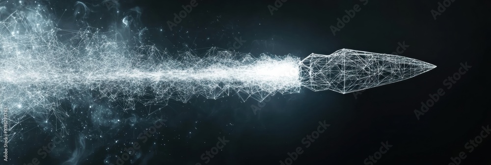 Poster a futuristic rocket, designed with a polygonal wireframe, launches powerfully through a dark space, 
