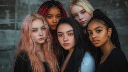 Obraz premium A captivating portrait of five diverse young women standing together, exuding confidence and strength with distinct hairstyles and expressions.