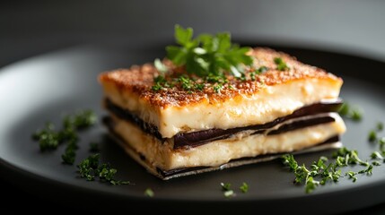 A slice of food with a garnish of parsley on top
