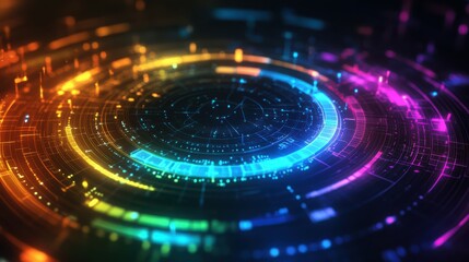 Obraz premium Hologram digital circle background abstract neon rainbow wallpaper with HUD style technology