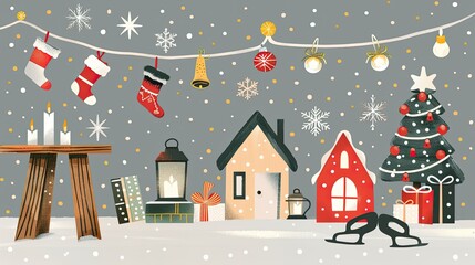 Obraz premium Simple clip art of winter-themed items on a grey background, including ice skates, houses