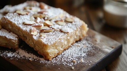 Almond-covered flat cake dusted with powdered sugar and topped with slivered almonds, resting on a rustic wooden surface.