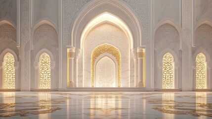 Obraz premium Luxurious interior of an ornate hall featuring intricate architectural details, golden accents, and elegant arches, Ideal for use in design, architecture, or cultural themes,