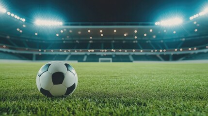 Naklejka premium A soccer ball sits on vibrant green grass in an empty stadium, illuminated by bright spotlights, evoking pre-game excitement and anticipation.