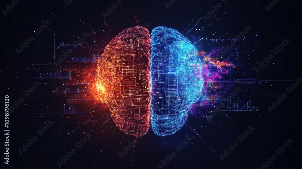Leinwandbilder illustration showcases a split brain with vibrant colors symbolizing the duality of thought processe