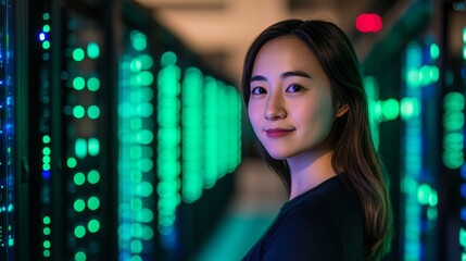 Obraz premium Woman in a server room, glowing tech
