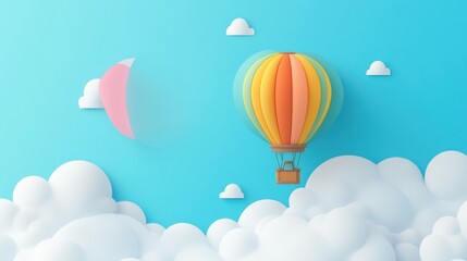 Obraz premium inspiration or travel background, fly above the clouds, colorful hot air balloon in blue sky