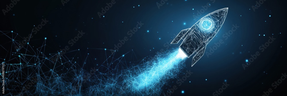 Fototapete a dynamic polygonal wireframe rocket propels upward, emitting glowing trails as it journeys into the