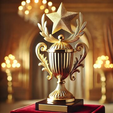 the golden trophy with a star on top, placed on a velvet pedestal in a luxurious setting. Generative AI