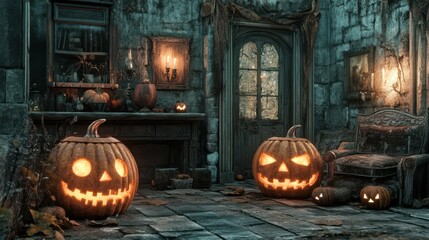 Obraz premium Jack O' Lanterns in Youthful Medieval Room. Halloween banner with copy-space.