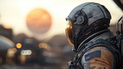 Fototapeta premium Astronaut observing distant sunsets on alien planet sci-fi landscape outer space futuristic viewpoint exploration concept