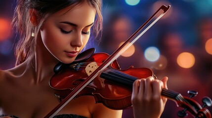 Fototapeta premium Young Woman Playing Violin in Soft Focus Background