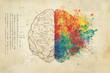 This artwork depicts a brain split in two: one side with intricate diagrams and the other vibrant splashes, symbolizing human thought's duality. Generative AI