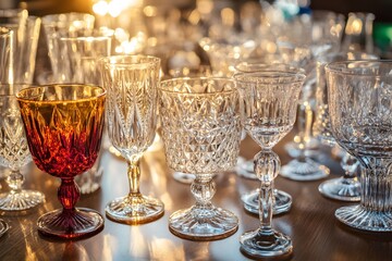 crystal glassware with vintage glasses in an ornate design featuring cut glass and colored glass in amber tones