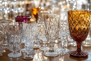 crystal glassware with vintage glasses in an ornate design featuring cut glass and colored glass in amber tones