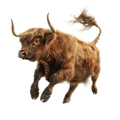 Highland Cow Leaps Energetically Across Open Fields During a Sunny Afternoon in the Scottish Highlands, Showcasing Its Iconic Long Horns and Shaggy Fur