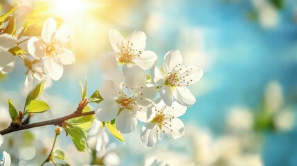 Obraz premium Spring Blooming - White Blossoms And Sunlight In The Sky