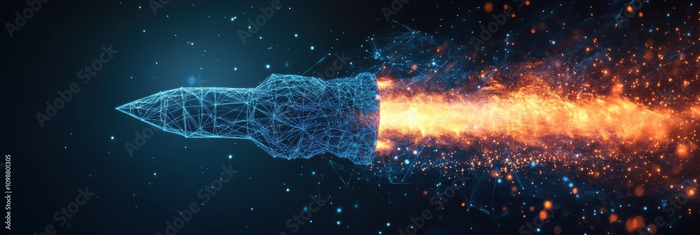Poster a dynamic rocket launch showcases a polygonal wireframe design surrounded by energetic flames, symbo