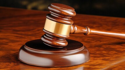 A polished wooden gavel resting on a sleek brown surface, symbolizing justice in a courtroom environment.