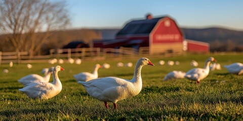 Obraz premium A flock of white geese wandering in an open grassy field on a sunny day