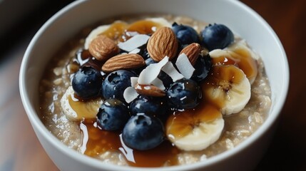 Bowl of creamy oatmeal porridge garnished with sliced banana, fresh blueberries, crunchy almonds, shredded coconut, and a sweet caramel drizzle.