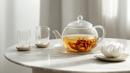 Fototapeta premium A minimalist modern tea setup, featuring a glass teapot and blooming flower tea on a white marble table