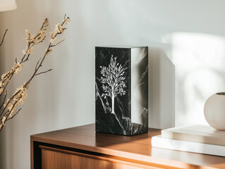  Black marble urn with tree engraving on a wooden tabletop.
