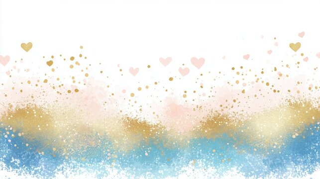 Gold, pink and blue watercolor background with hearts and golden confetti