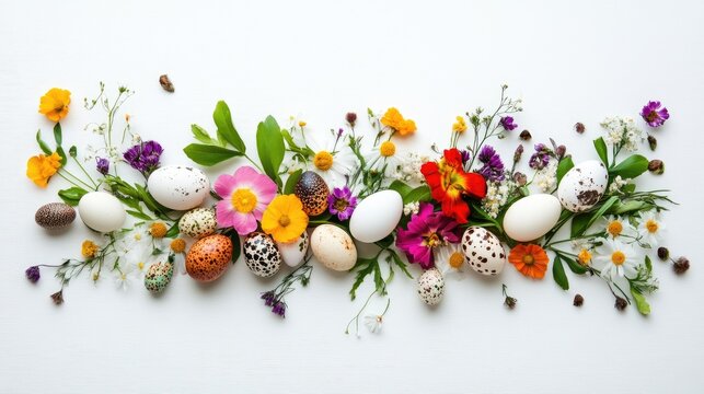 Vibrant Easter flower arrangement with colorful quail eggs and spring blooms on a white surface, ideal for seasonal celebrations and customizable text area.