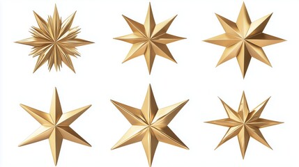 Obraz premium Decorative stars set isolated on white background. Vector 3d illustration. Golden geometric star shapes. Christmas holiday decoration elements