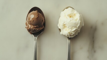 Spoons with chocolate and vanilla ice cream scoops arranged on a marble surface, showcasing contrasting flavors and textures.