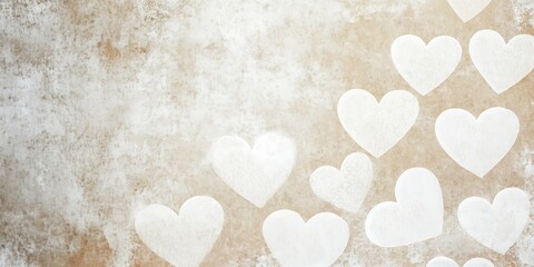 Fototapeta premium White heart shapes creating romantic atmosphere on brown grunge background, copy space