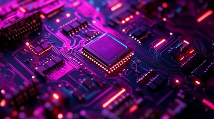 Obraz premium Close Up of a Circuit Board with Glowing Components