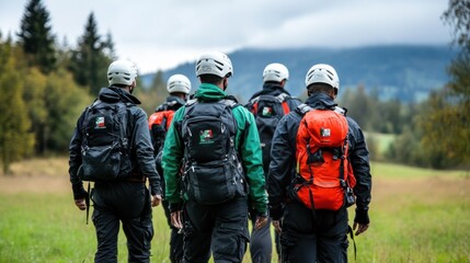 Group of Adventurous Hikers Trekking Through Scenic Mountain Landscape Wearing Helmets and Backpacks in Beautiful Natural Setting