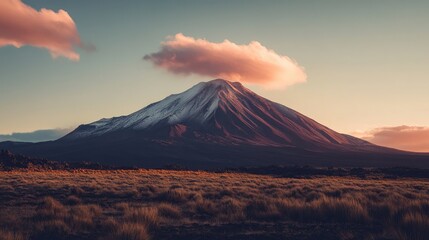 Majestic snow-capped mountain silhouette against a vibrant sunset sky, showcasing the serene beauty and dramatic lighting of nature's landscape.
