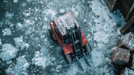 Forklift attachment navigating a slippery icy surface amidst scattered ice and storage boxes in a warehouse setting