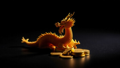 Fototapeta premium Golden Dragon Figurine with Coins on Black Background