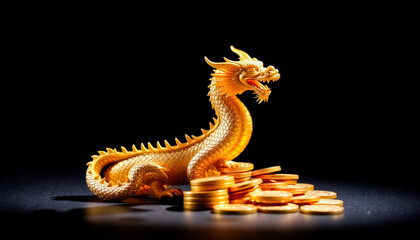 Fototapeta premium Golden Dragon Figurine with Coins on Black Background