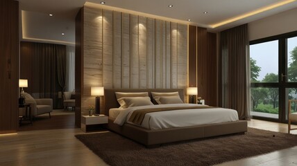 Fototapeta premium Luxurious modern bedroom with large bed, nightstands, and window view.